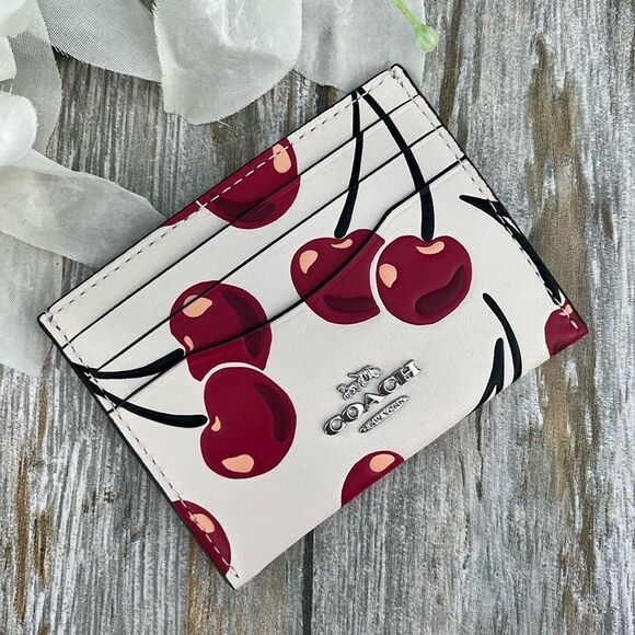 Coach Slim Id Card Case With Cherry Print Bag Wallet Purse - Picture 1 of 8